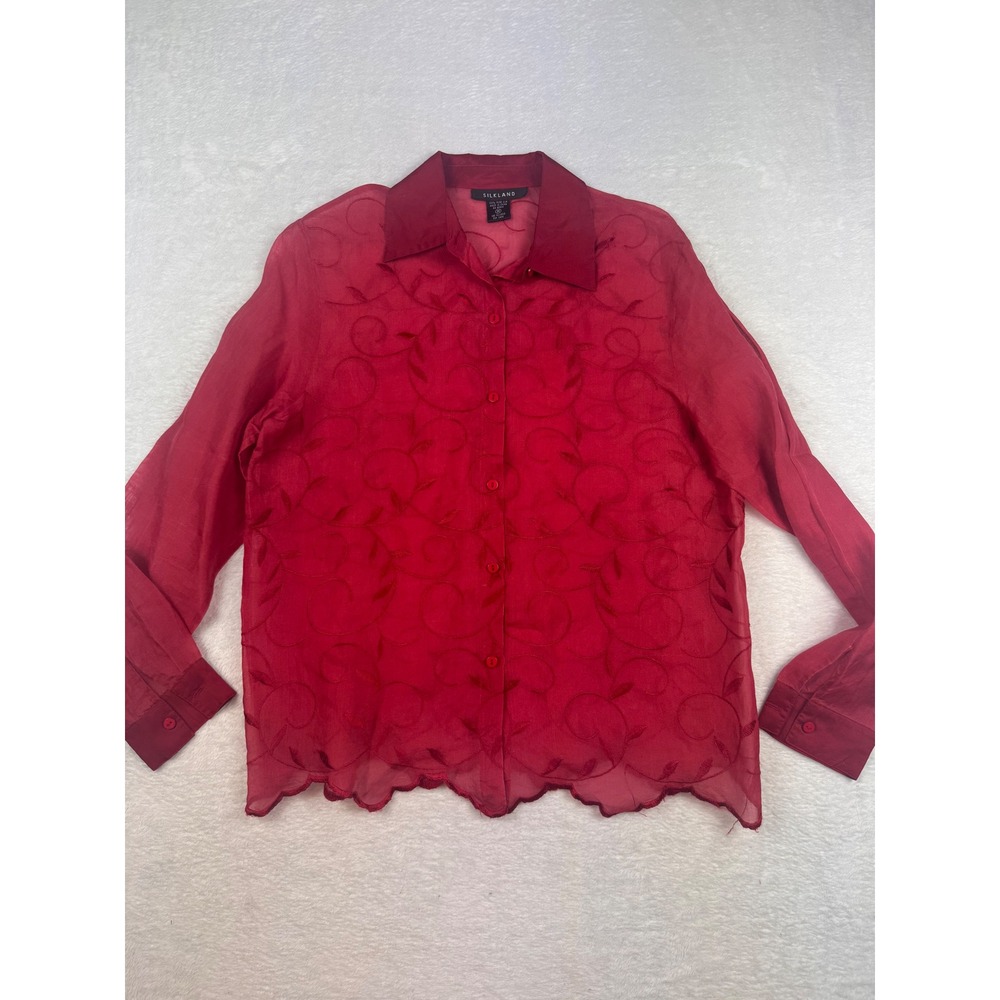 Silkland Red 100% Pure Silk Embroidered Scalloped Hem Button Down Blouse Medium